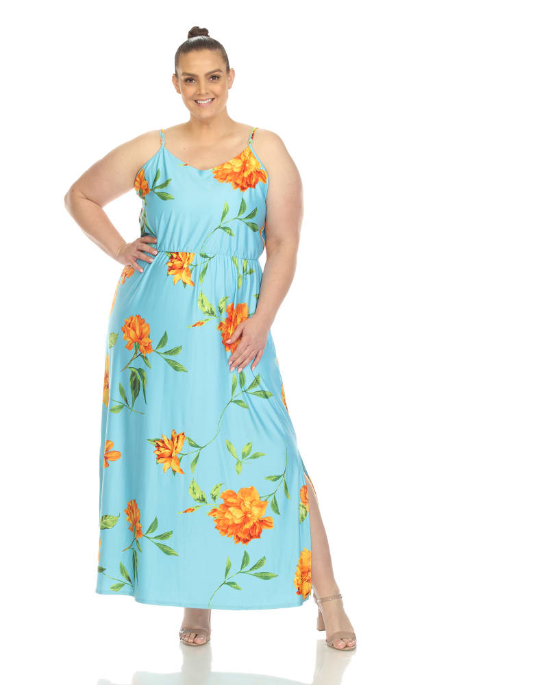 Front of a model wearing a size 3X Floral Strap Maxi Dress in Blue Orange by White Mark. | dia_product_style_image_id:291110